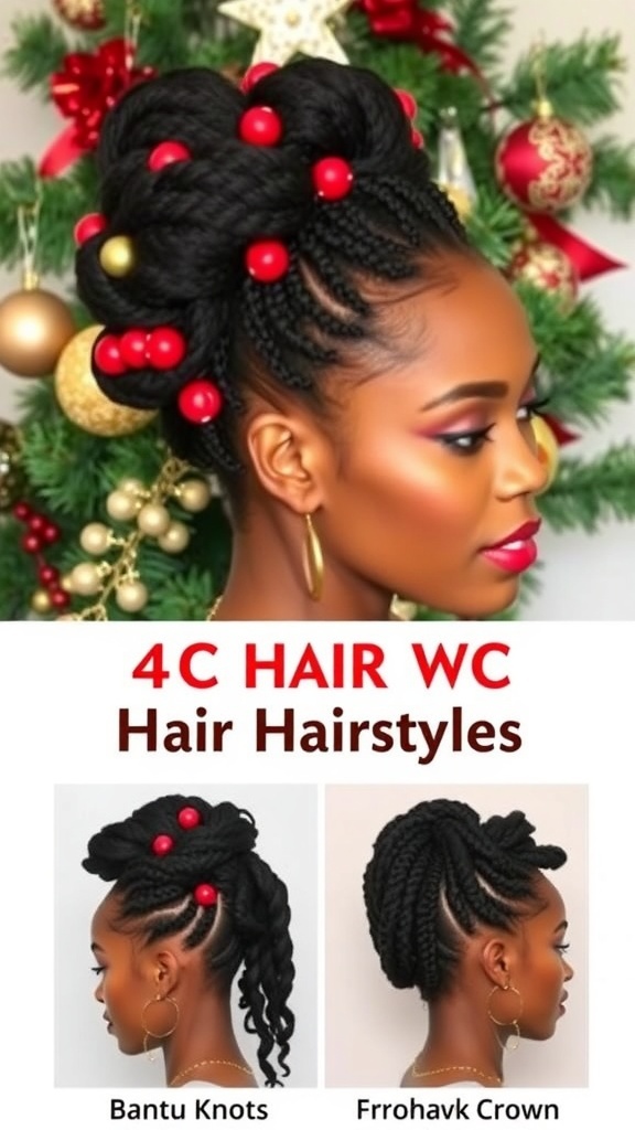 A collage of stylish 4C hairstyles for Christmas, including a twisted updo, Bantu knots, frohawk, and braided crown, decorated with festive accessories.